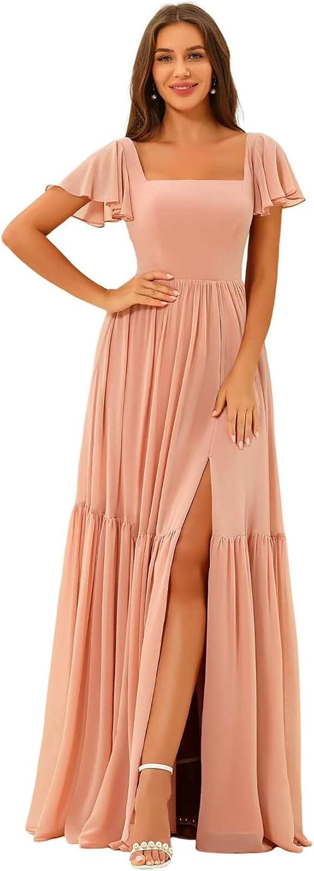 Vestidos de Dama de Honra com Decote em U, Fenda e Mangas de Chiffon com Folhos, Vestidos Formais Longos para Festa com Bolsos