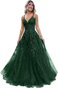 Vestido de Festa Longo em Tule com Aplicações de Renda Brilhante Fivsole, Corte em A Formal para Noite