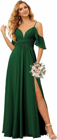 Abito da damigella con spalline sottili, spacco, chiffon plissettato, scollo a barca, linea ad A, abito formale da sera per donna