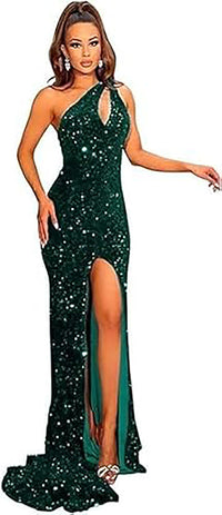 Abiti da sera lunghi da festa con paillettes su una spalla, spacco, glitter, stile sirena formale