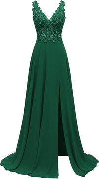 Abiti da damigella d'onore da donna lunghi in chiffon con spacco, abiti semi-formali a linea ad A con scollo a V e schiena scoperta, abiti da sera per matrimoni