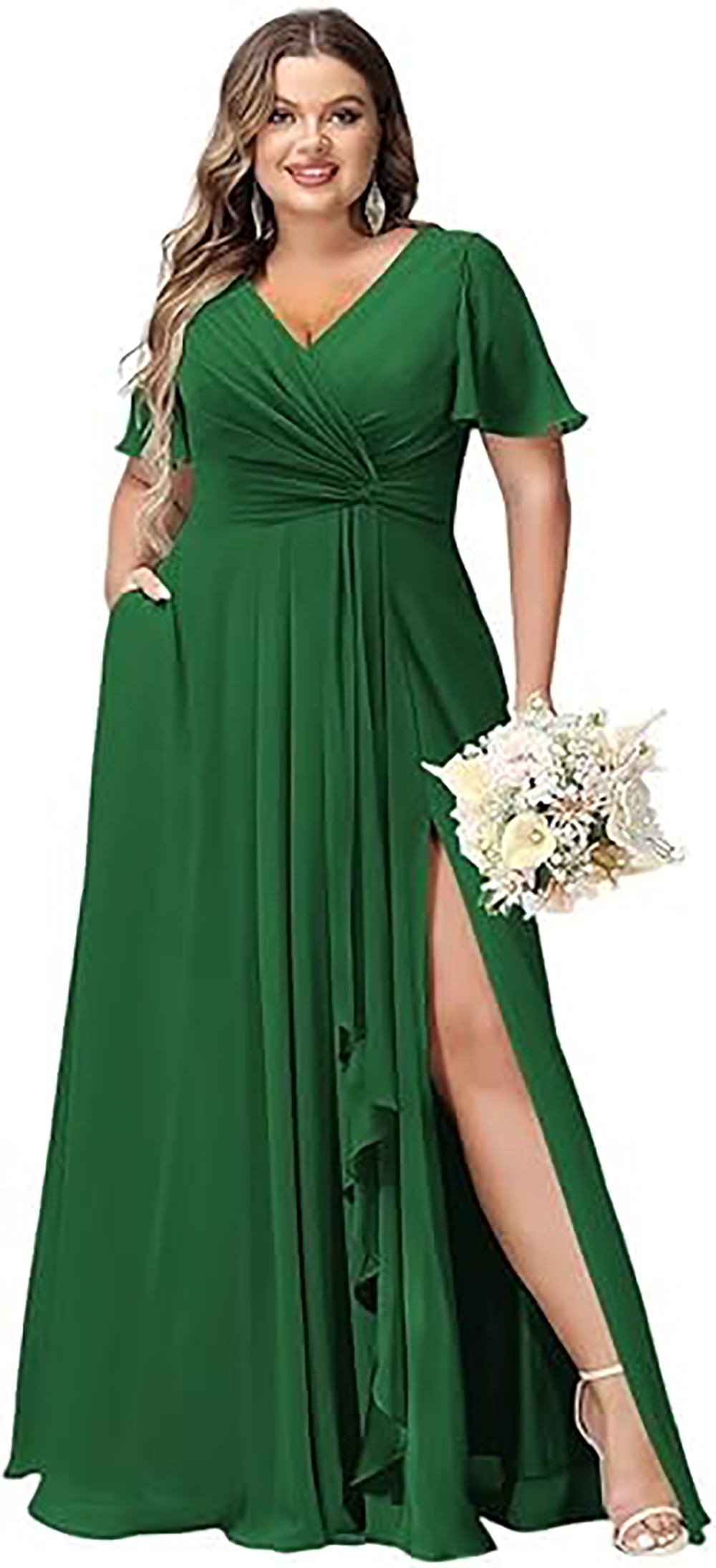 Vestido de Dama de Honra Comprido com Mangas de Folha, Bolsos, Chiffon Franzido, Corte Longo em A, Vestido Formal para Festa com Fenda