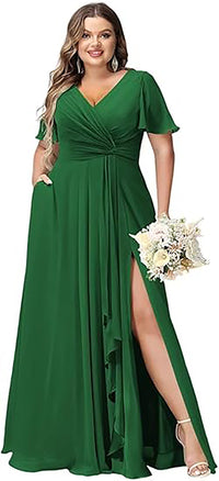 Vestido de Dama de Honra Comprido com Mangas de Folha, Bolsos, Chiffon Franzido, Corte Longo em A, Vestido Formal para Festa com Fenda