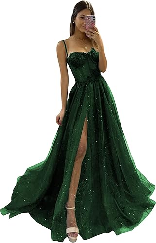 Abiti da sera lunghi da ballo formali a linea A con spalline sottili e spacco laterale in tulle scintillante per donna 2025