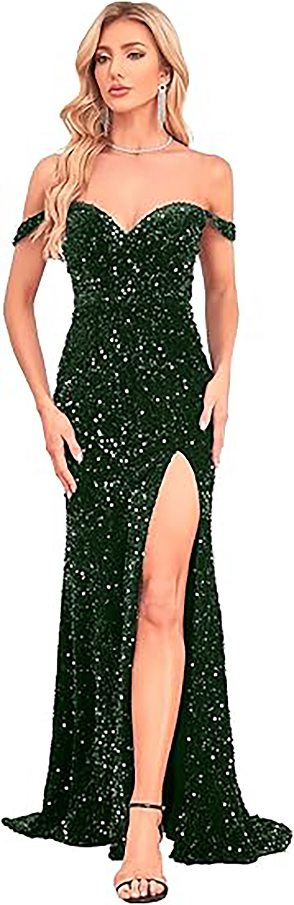 Abito da sera elegante a sirena con spalle scoperte e spacco, con paillettes, per feste formali