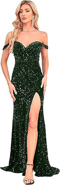 Abito da sera elegante a sirena con spalle scoperte e spacco, con paillettes, per feste formali