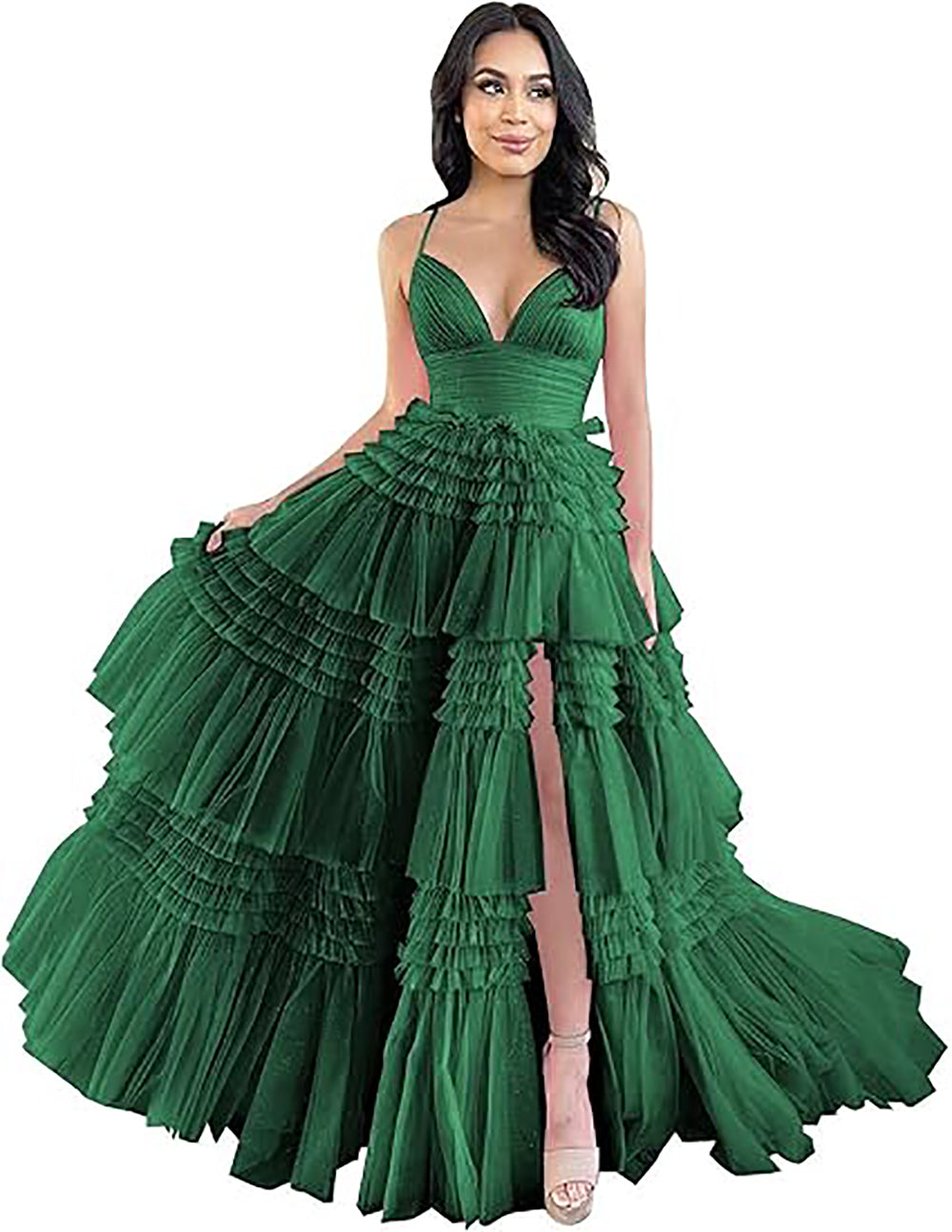 Abito da sera formale in tulle con spalline sottili, balze a strati, gonna ampia, spacco e effetto gonfio
