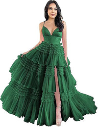 Abito da sera formale in tulle con spalline sottili, balze a strati, gonna ampia, spacco e effetto gonfio