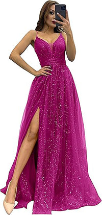 Vestidos Formais de Tule Brilhante para Mulheres com Decote em V, Pregas, Sexy, Fenda Alta, Alças Finas, Vestidos de Baile