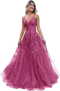 Vestido de Festa Longo em Tule com Aplicações de Renda Brilhante Fivsole, Corte em A Formal para Noite