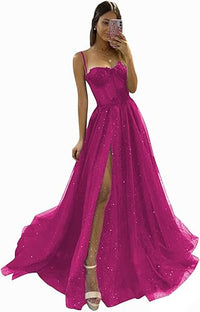 Abiti da sera lunghi da ballo formali a linea A con spalline sottili e spacco laterale in tulle scintillante per donna 2025