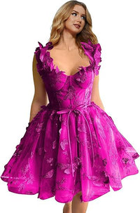 Abito corto da sera in tulle da donna con farfalle 3D, abiti da ritorno a casa con applicazioni in pizzo, abiti da cocktail con spalline sottili