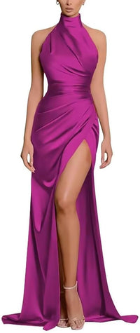 Satin Halter Bridesmaid Dresses Long Pleated Prom Dresses with Slit Mermaid Evening Dresses
