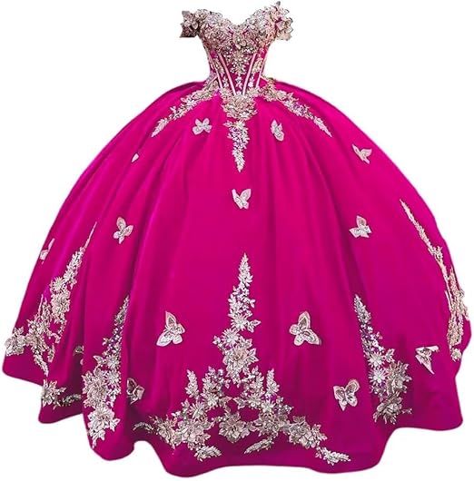 Abiti Quinceanera in Velluto 2025 con Farfalle Floreali 3D Dorate Pizzo Spalle Scoperte Abiti da Prom Sweet 16