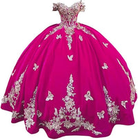 Abiti Quinceanera in Velluto 2025 con Farfalle Floreali 3D Dorate Pizzo Spalle Scoperte Abiti da Prom Sweet 16