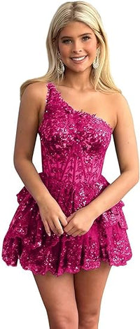 Abiti corti a balze con paillettes scintillanti per il ritorno a casa per adolescenti, abito da cocktail da festa con applicazioni in pizzo a una spalla