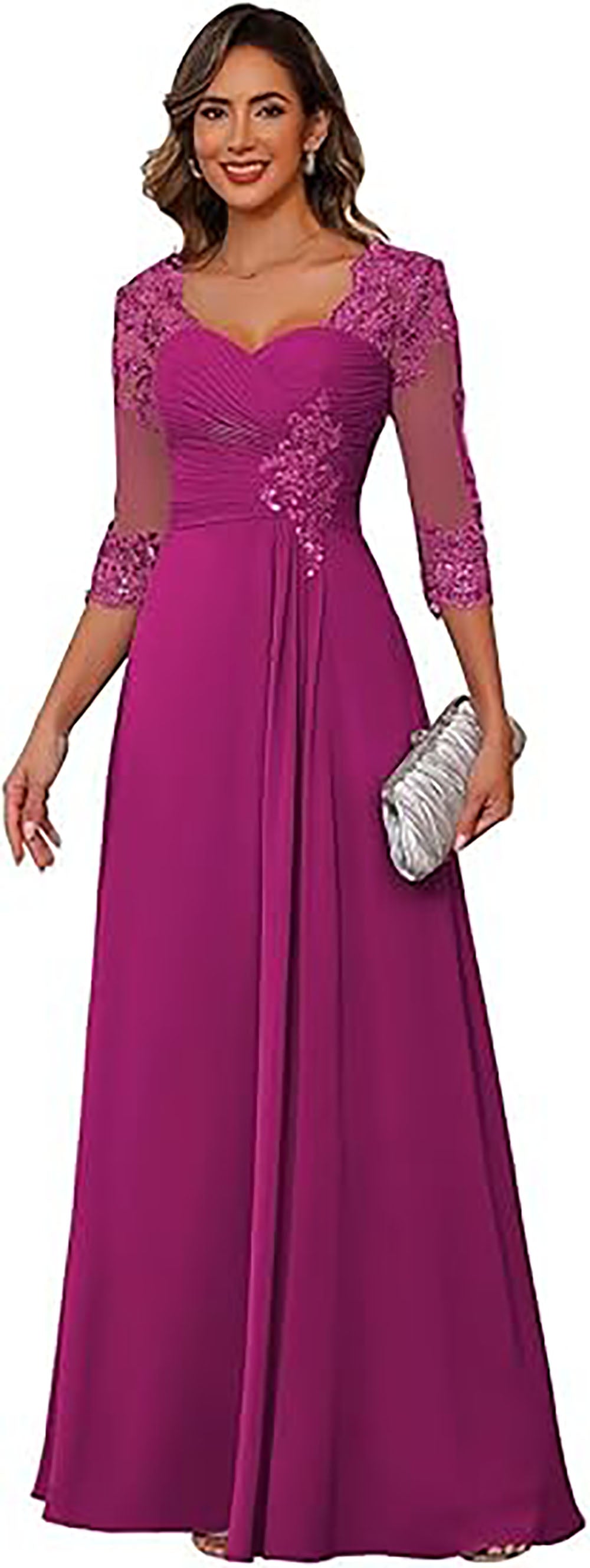 Vestidos de Noiva com Aplicações de Renda, Mangas 3/4, Vestido Formal de Noite Ms2503132
