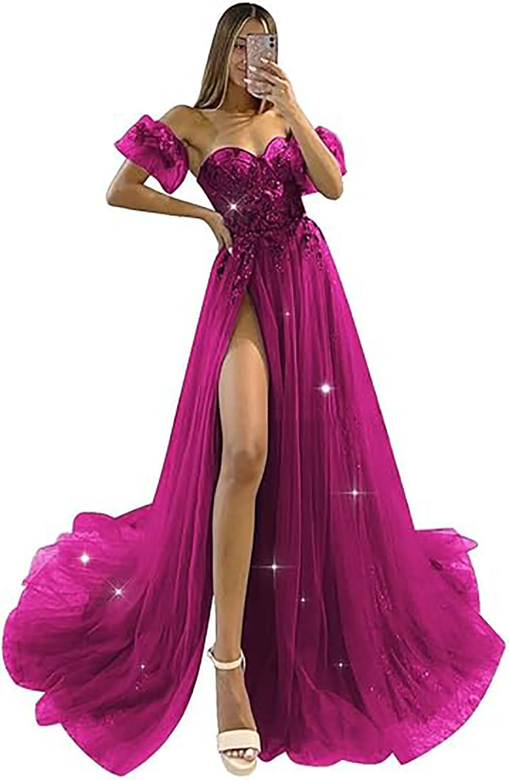Abiti da sera in tulle glitterato con maniche 2024, scollo a cuore a spalle scoperte, fiori 3D, abiti da festa con spacco