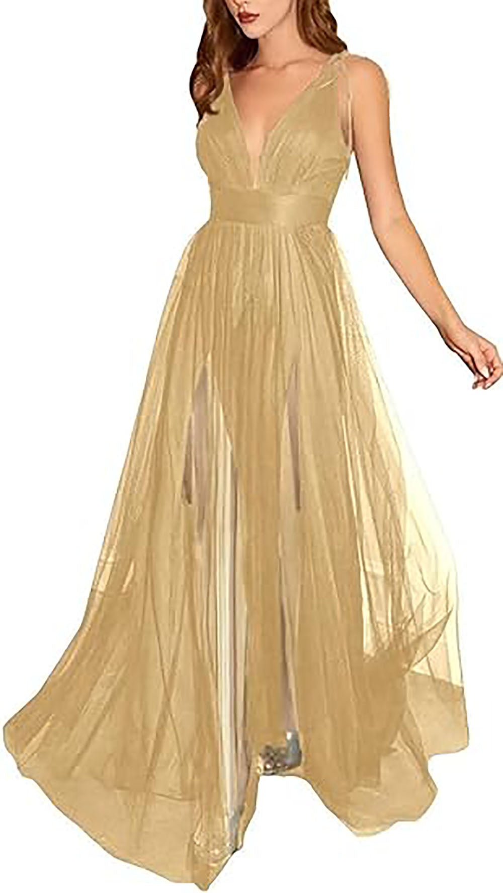 Abiti da sera lunghi formali da donna con spalline sottili, linea ad A, in tulle