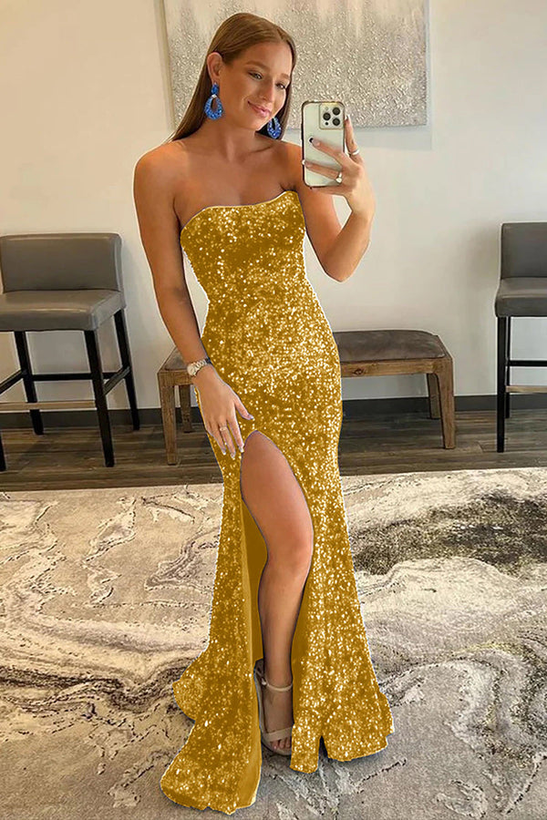 Royal Blue Strapless Sequin Evening High Slit Prom Party Dress Ms2508051