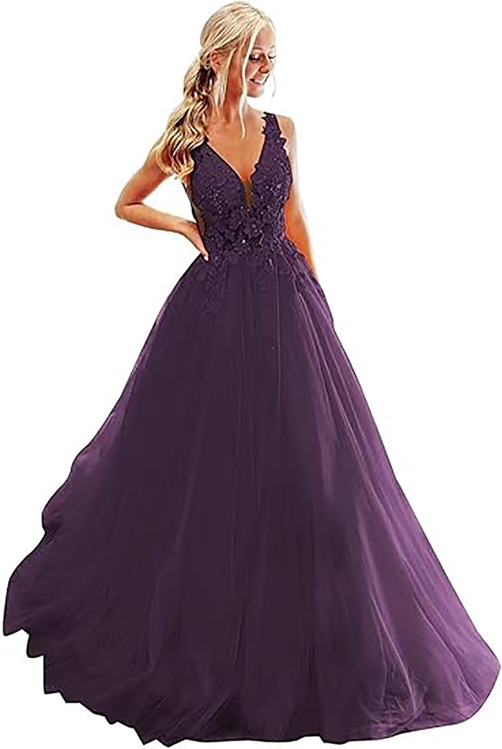 Abiti da sera lunghi con scollo a V in tulle e pizzo per matrimoni e feste, con applicazioni, abito per compleanno