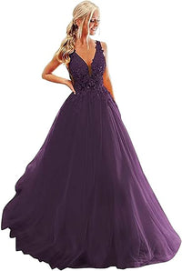 Abiti da sera lunghi con scollo a V in tulle e pizzo per matrimoni e feste, con applicazioni, abito per compleanno