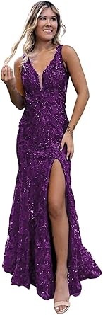 Abiti da sera formali lunghi da ballo con paillettes a sirena per adolescenti, con spacco, scollo a V e pizzo