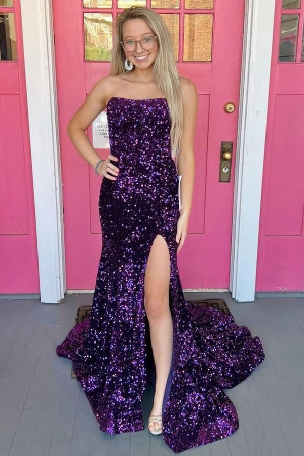 Black Sequin Strapless Party Dress with High Slit Mermaid Prom Dress Ms2509111