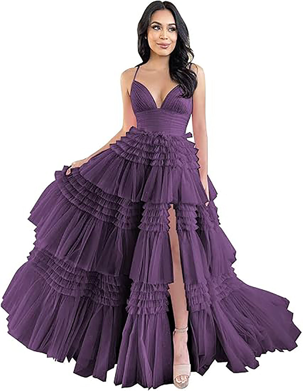 Abito da sera formale in tulle con spalline sottili, balze a strati, gonna ampia, spacco e effetto gonfio