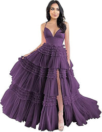Abito da sera formale in tulle con spalline sottili, balze a strati, gonna ampia, spacco e effetto gonfio