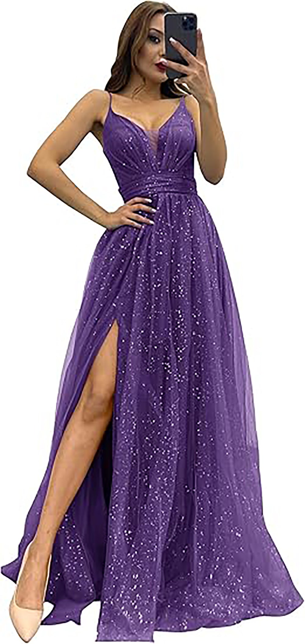 Vestidos Formais de Tule Brilhante para Mulheres com Decote em V, Pregas, Sexy, Fenda Alta, Alças Finas, Vestidos de Baile