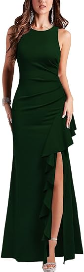 Vestido de Baile Elegante de Sereia Sem Mangas com Fenda Alta e Folhos, Vestido Longo Formal para Noite, Vestido para Convidada de Casamento