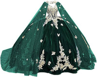 Abiti da Quinceanera Principessa Velvet con Mantello, Applicazioni di Farfalle Dorate Scintillanti, Abiti Sweet 16, Abito da Ballo in Pizzo