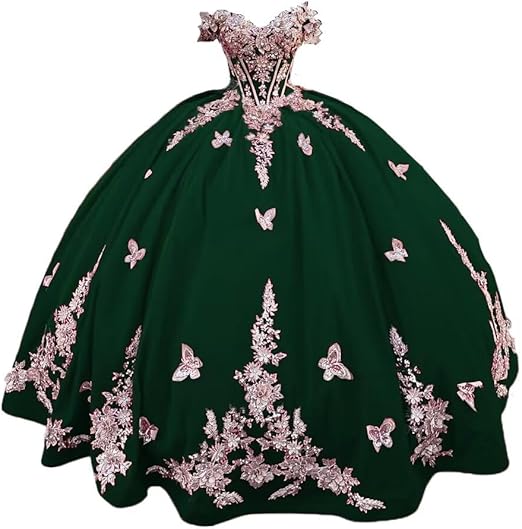 Abiti Quinceanera in Velluto 2025 con Farfalle Floreali 3D Dorate Pizzo Spalle Scoperte Abiti da Prom Sweet 16