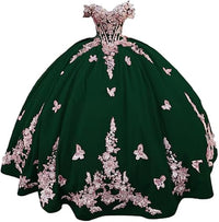 Abiti Quinceanera in Velluto 2025 con Farfalle Floreali 3D Dorate Pizzo Spalle Scoperte Abiti da Prom Sweet 16