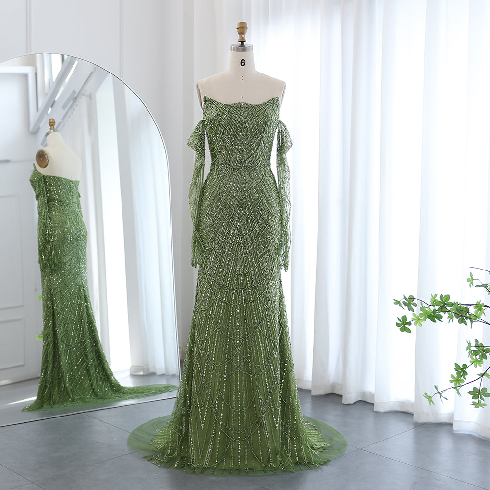 Vestidos de Noite de Sereia de Luxo com Luvas, Bordados e Lantejoulas, Vestido de Baile para Mulheres, Vestidos de Festa