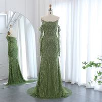Vestidos de Noite de Sereia de Luxo com Luvas, Bordados e Lantejoulas, Vestido de Baile para Mulheres, Vestidos de Festa
