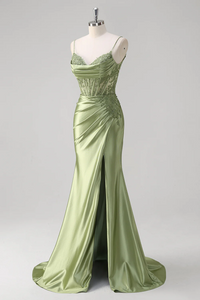 Abito da sera elegante a linea A con pieghe, scollo a cuore, spacco alto sexy Ms2504012