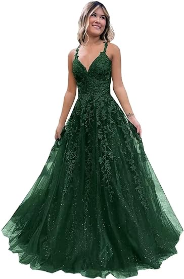 Vestido de Festa Longo em Tule com Aplicações de Renda Brilhante Fivsole, Corte em A Formal para Noite