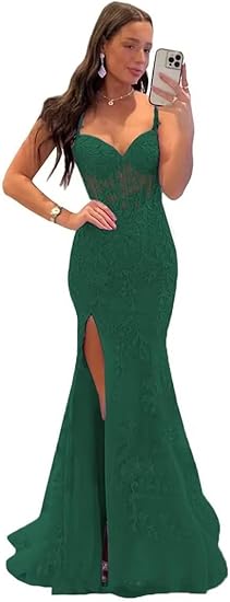 Vestidos de Baile Elegantes com Aplicação de Renda, Estilo Sereia, Fenda, Alças Finas, Vestidos Formais em Tule, Vestidos de Festa Sensuais