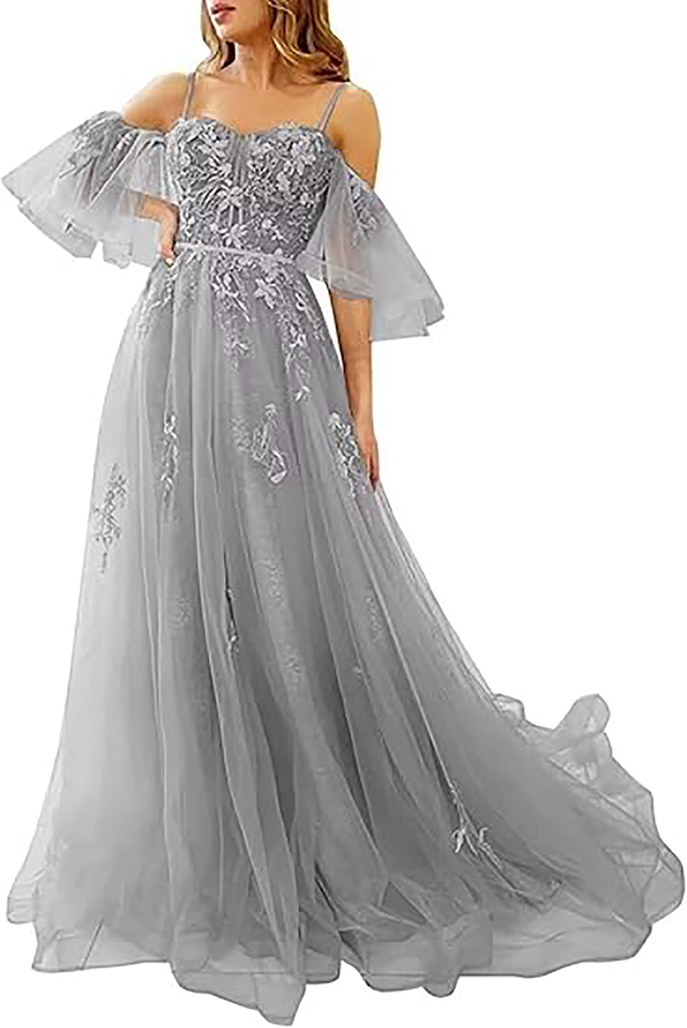 Vestidos de Baile Longos com Ombros Descobertos, Tule, Apliques, Vestido de Festa com Alças Finas, Vestidos Formais de Noite
