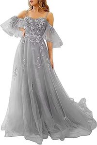 Vestidos de Baile Longos com Ombros Descobertos, Tule, Apliques, Vestido de Festa com Alças Finas, Vestidos Formais de Noite