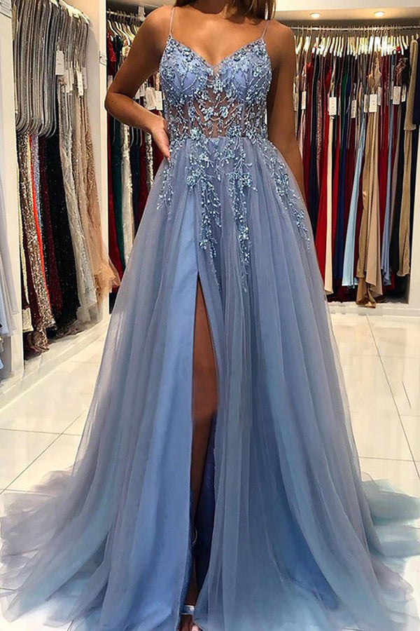 A-Line Prom Gown with Slit Illusion Beads Appliques Evening Dress Ms2507261