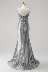 Abito da sera elegante a linea A con pieghe, scollo a cuore, spacco alto sexy Ms2504012