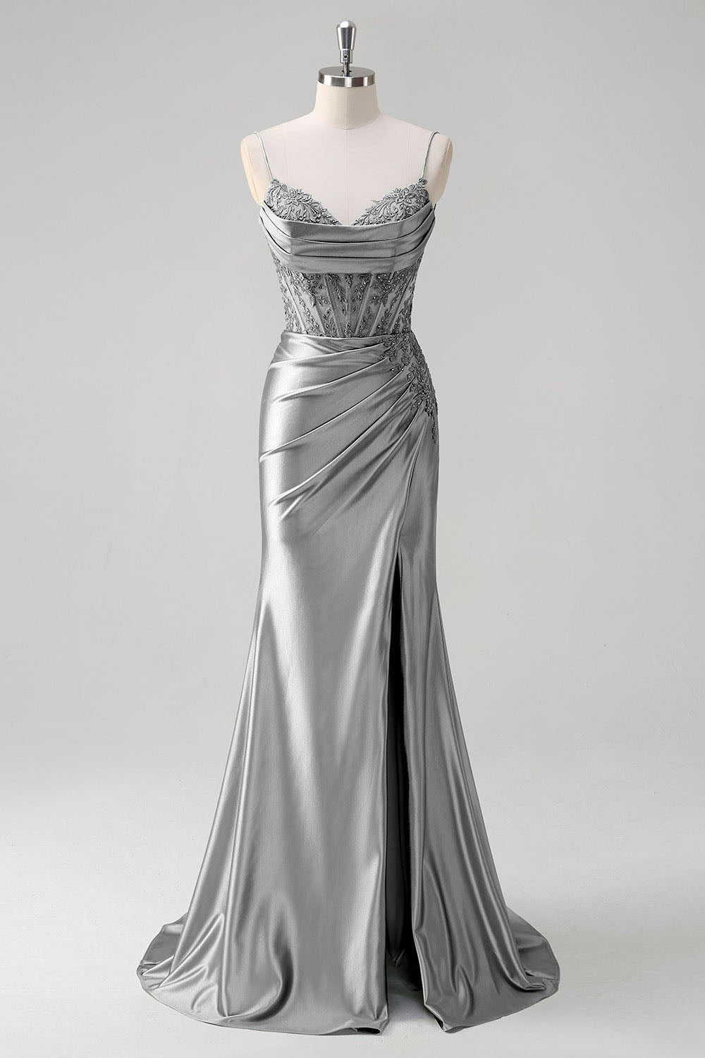 Abito da sera elegante a linea A con pieghe, scollo a cuore, spacco alto sexy Ms2504012