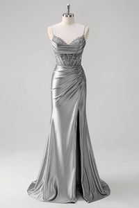 Abito da sera elegante a linea A con pieghe, scollo a cuore, spacco alto sexy Ms2504012