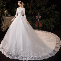 Luxury Sweep Train Wedding Dress O Neck Three Quarter Sleeve Lace Appliques Plus Size Bridal Gown