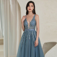 Robe de soirée longue élégante à col en V en dentelle grise et bleue, robe de bal sexy dos nu