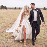 Vestidos de Noiva em Cetim Chique com Fenda Alta e Pregas Vestido Nupcial Feminino Princesa Corte A