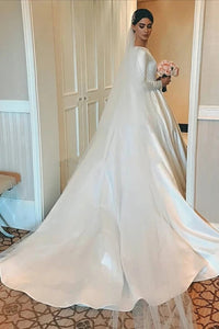 Vintage Satin Wedding Dress Modest Long Sleeves Muslim Princess A Line Brides Bridal Gown
